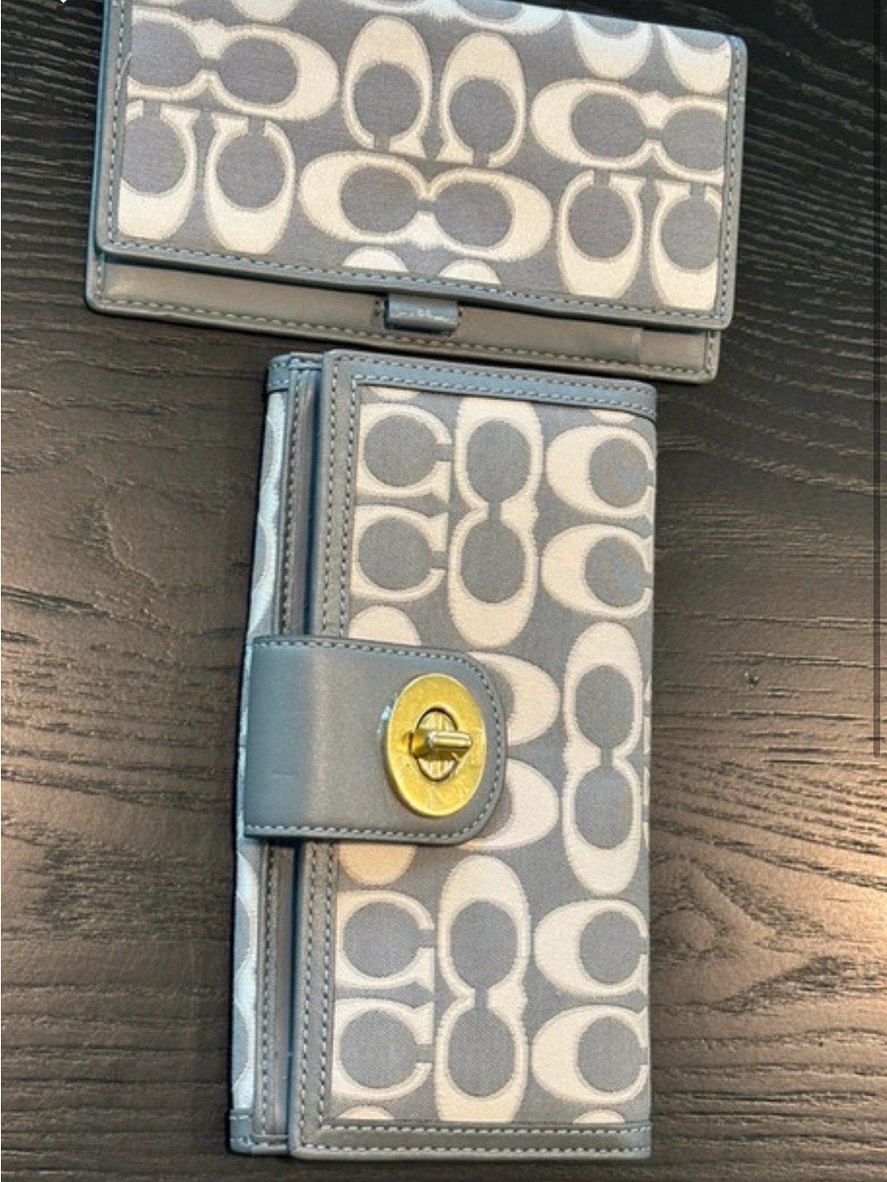 Coach Gray and Cream Signature Turnlock Continental Wallet and check book,,set